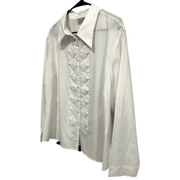 Chicos White Long Sleeve Button-Up Silk Shirt Geometric Front Design Sz XL - Picture 3 of 9